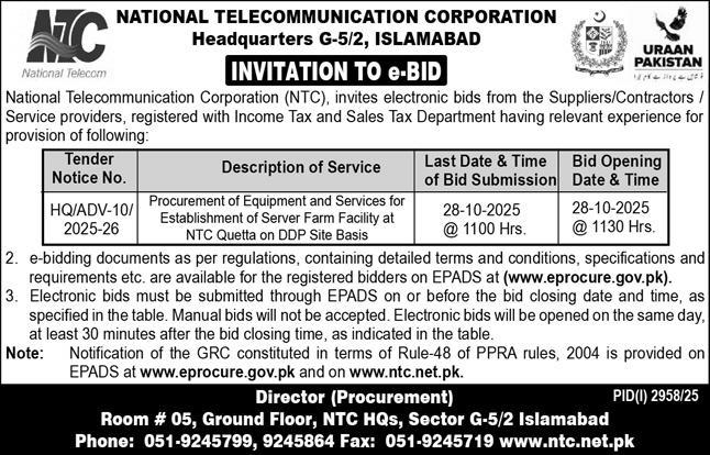 National Telecommunication Corporation Islamabad Tender Notice